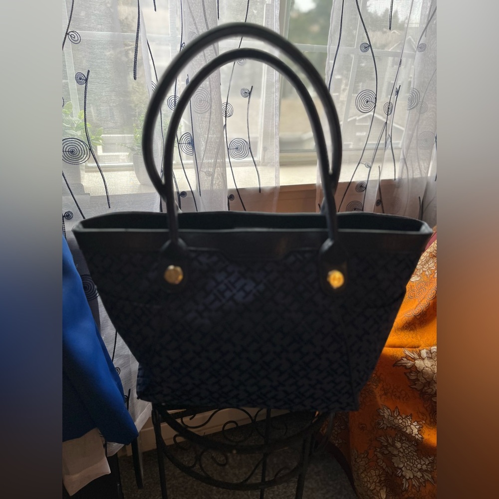 Tommy Hilfiger, navy blue canvas and leather tote